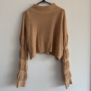 Tan Cropped Sweater with Statement Sleeve